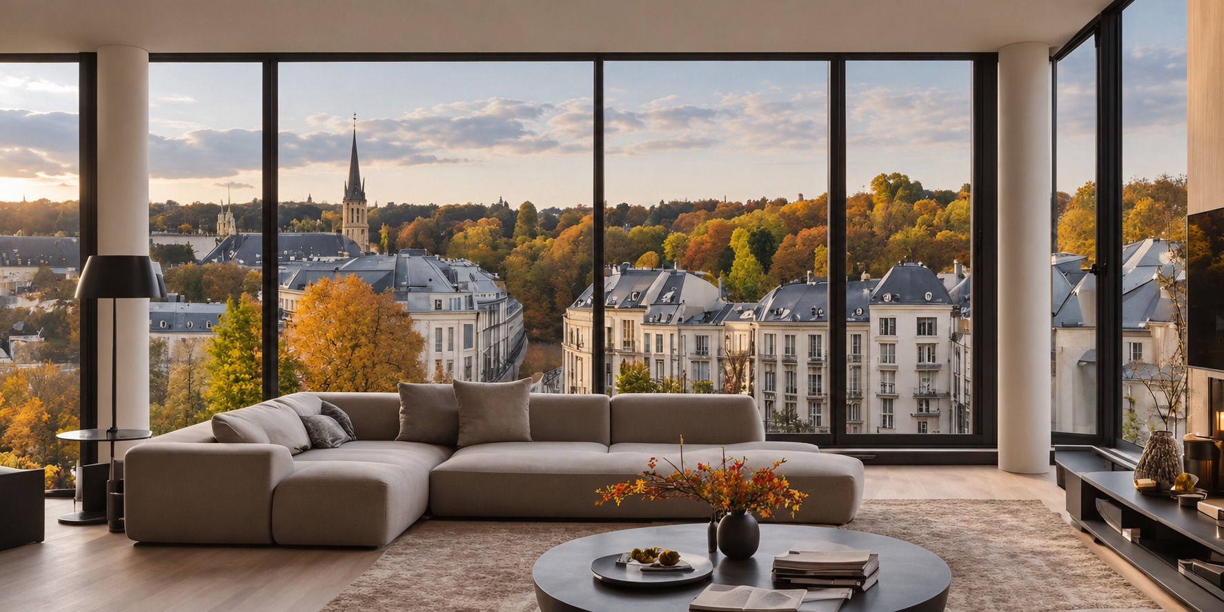 Vue sur les toits et la vallée de la ville de Luxembourg au coucher du soleil