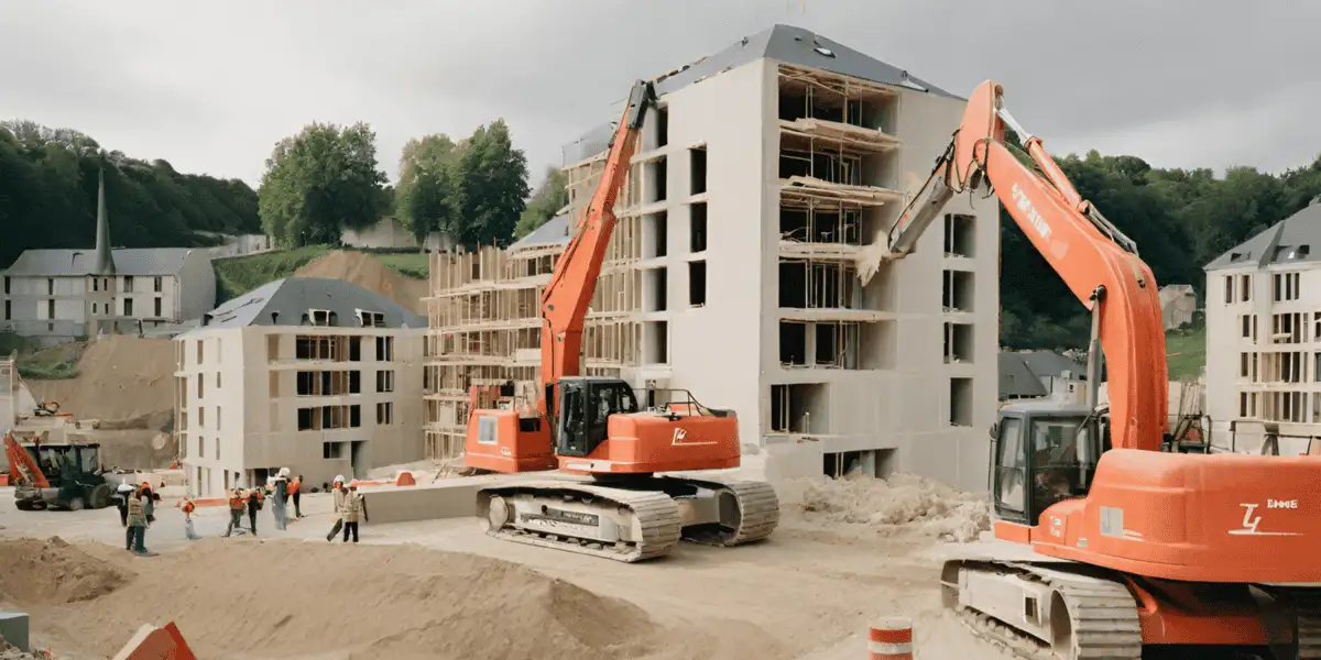 In Luxembourg new houses building process in accelerated mode with machines and workers